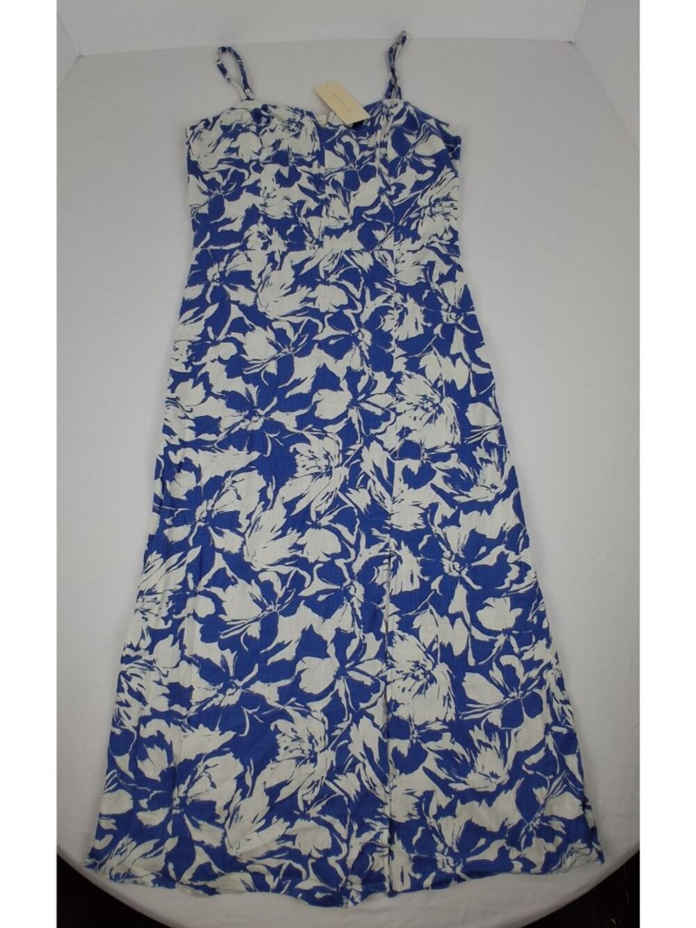 Large Blue & White Floral Spaghetti Strap Midi Dress Side Slit Smocked Back By M - Picture 3 of 13